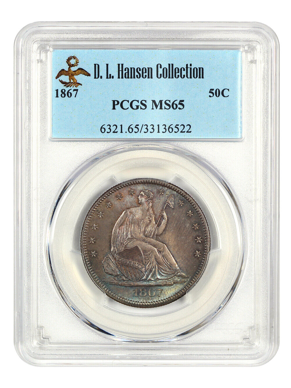 1867 50c PCGS MS65 ex: D.L. Hansen