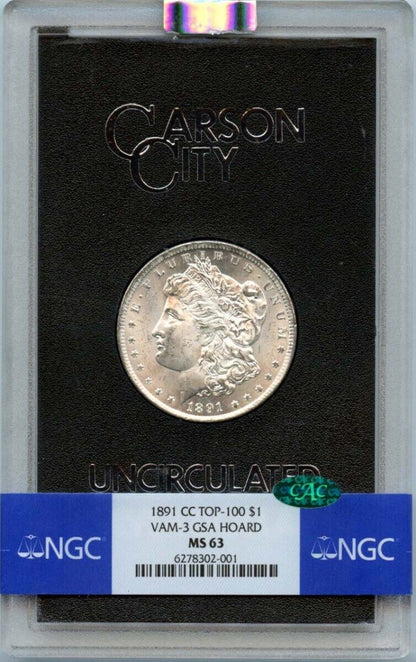 1891-CC TOP-100 Morgan Dollar VAM-3 GSA HOARD S$1 NGC MS63 (CAC)