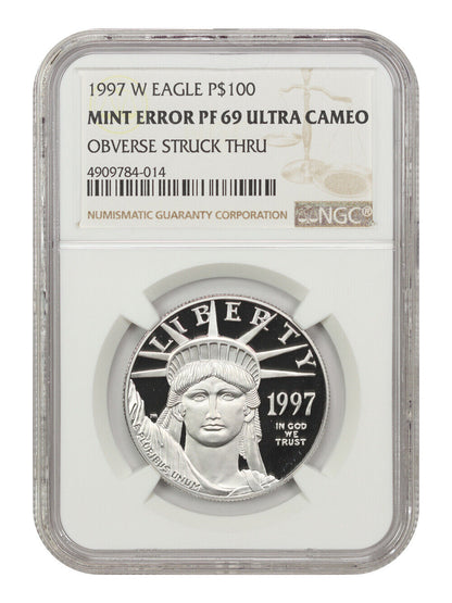 Mint Error: 1997-W Platinum Eagle $100 NGC Proof 69 UCAM (Obverse Struck Thru)