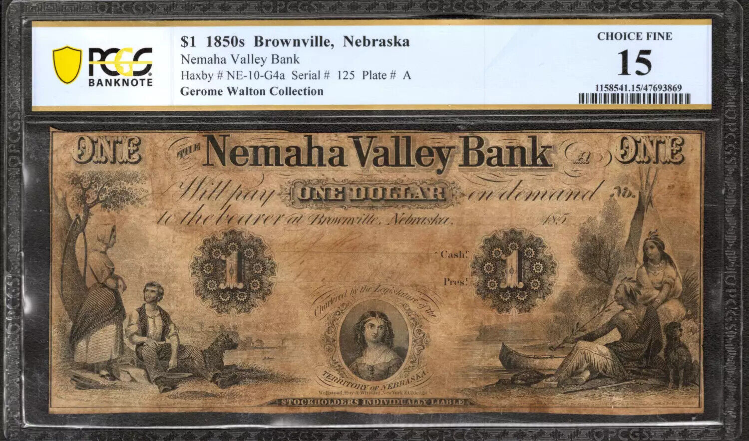 1857 $1 NEMAHA VALLEY BANK BROWNVILLE NEBRASKA OBSOLETE NOTE PCGS B CHOICE F 15