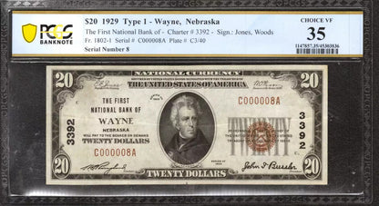 1929 $20 FIRST NATIONAL BANKNOTE WAYNE NEBRASKA SERIAL #8 PCGS B CHOICE VF 35