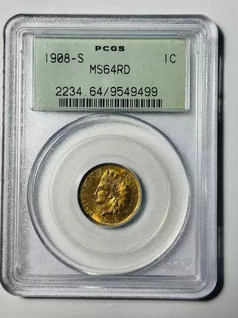 1908 S Indian Head Penny PCGS MS-64 RD Old Green Holder Premium Quality!