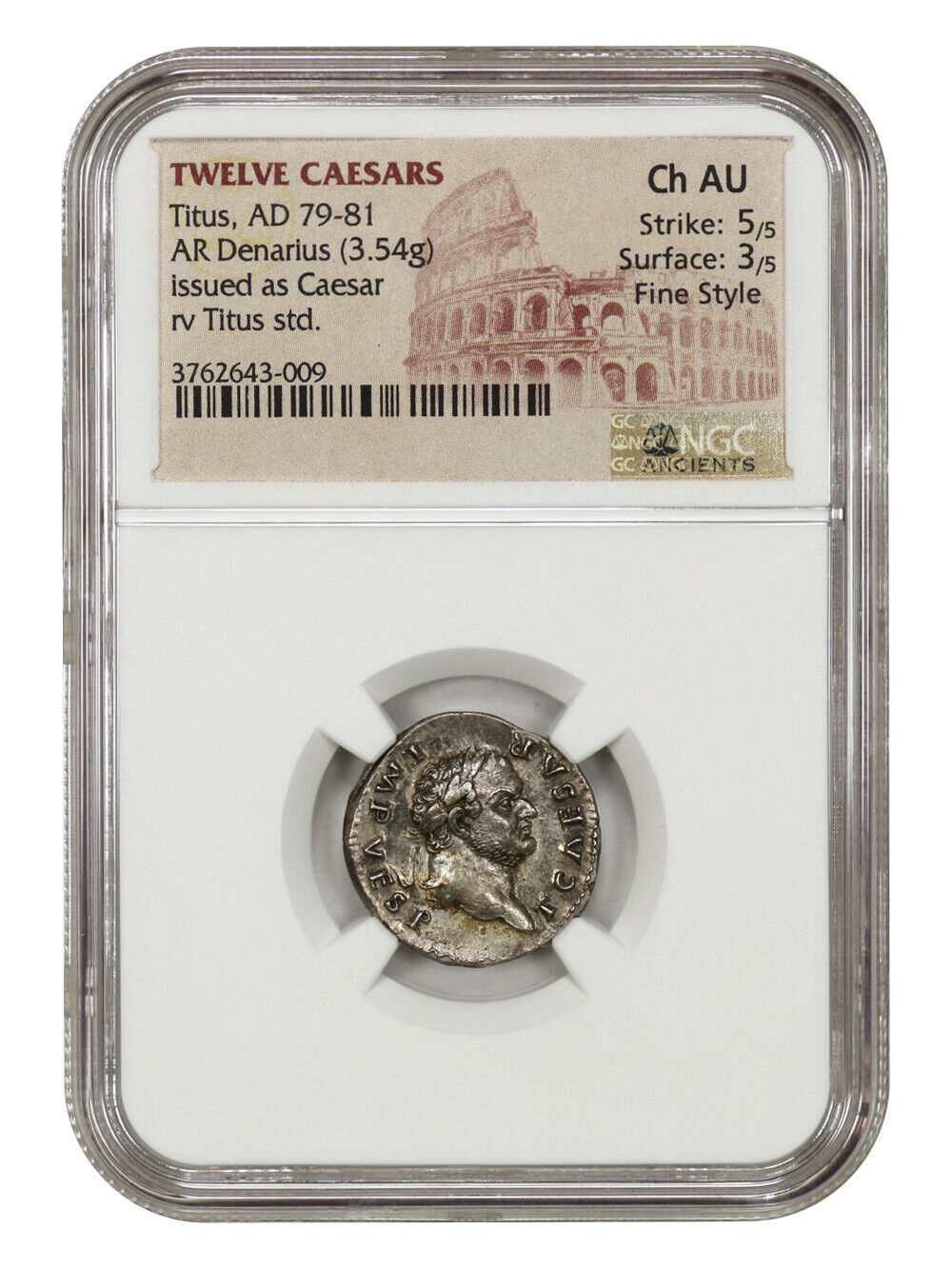 Ancient Roman: Titus (AD 79-81) AR Denarius NGC Choice AU