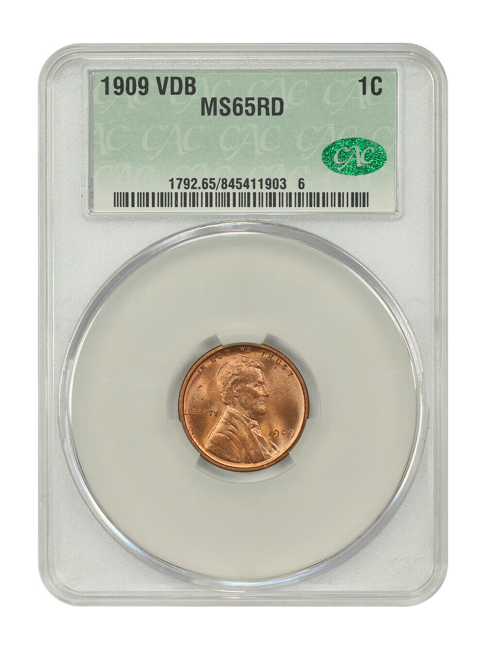 1909 VDB 1C CACG MS65RD - Lincoln Cent (Wheat Reverse) - Popular VDB Issue