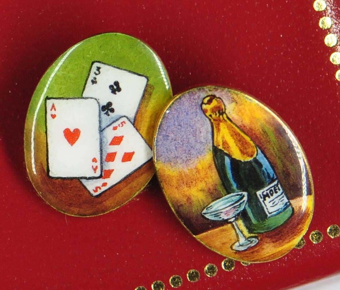 Road to Ruin Series Enamel 18k Yellow Gold Cuff Links Vtg Horse Race Wine Cards