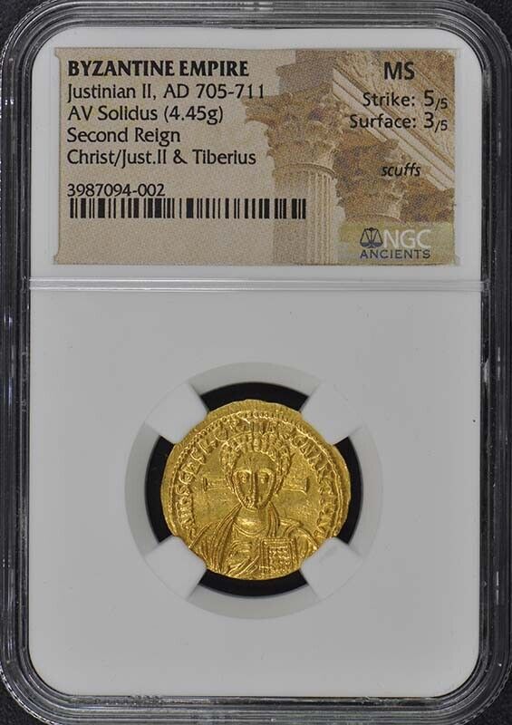 Justinian II, AD 705-711 BYZANTINE EMPIRE Solidus NGC MS60 Christ