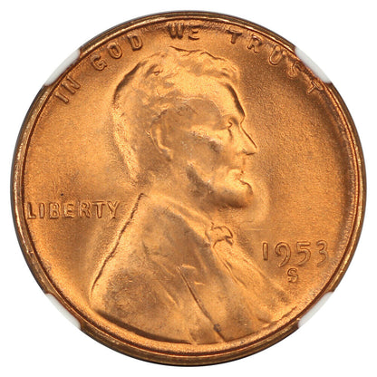 1953-S 1C NGC MS67RD - Lincoln Cent (Wheat Reverse) - Booming Mint Luster