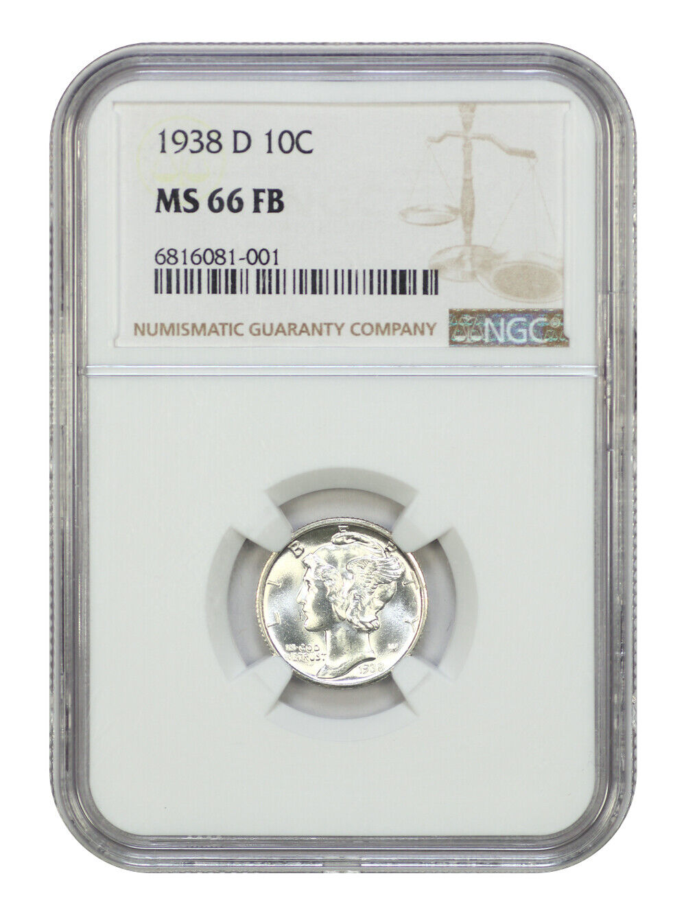 1938-D 10C NGC MS66FB - Mercury Dime