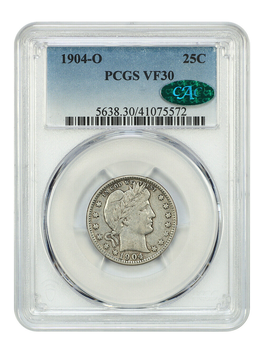 1904-O 25C PCGS/CAC VF30 - Barber Quarter - Scarce Date