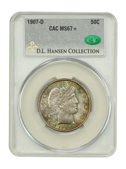 1907-D 50C CACG MS67+ ex: D.L. Hansen - Barber Half Dollar