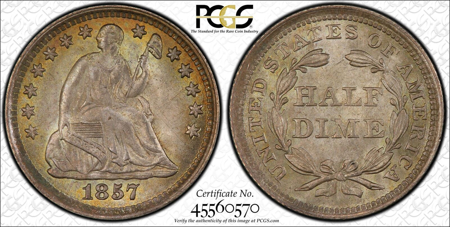 1857 H10C Liberty Seated Half Dime PCGS MS67 (CAC)