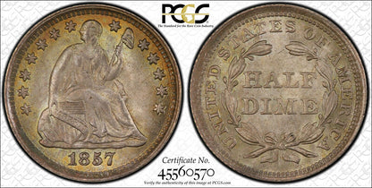 1857 H10C Liberty Seated Half Dime PCGS MS67 (CAC)