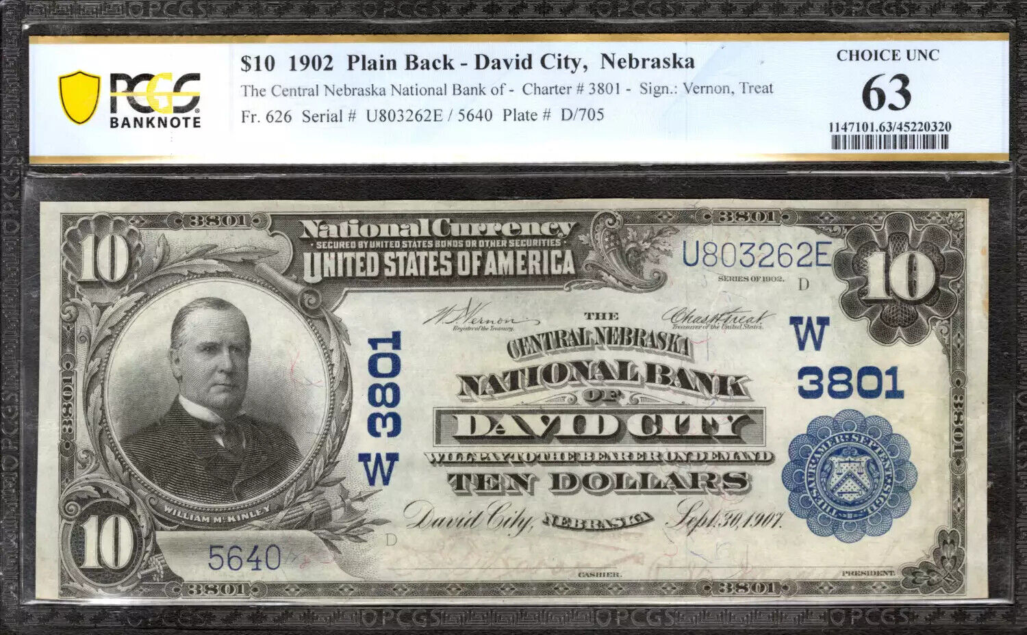 1902 CENTRAL NEBRASKA NATIONAL BANKNOTE $10 DAVID CITY PCGS CU 63 TOP POP (262E)