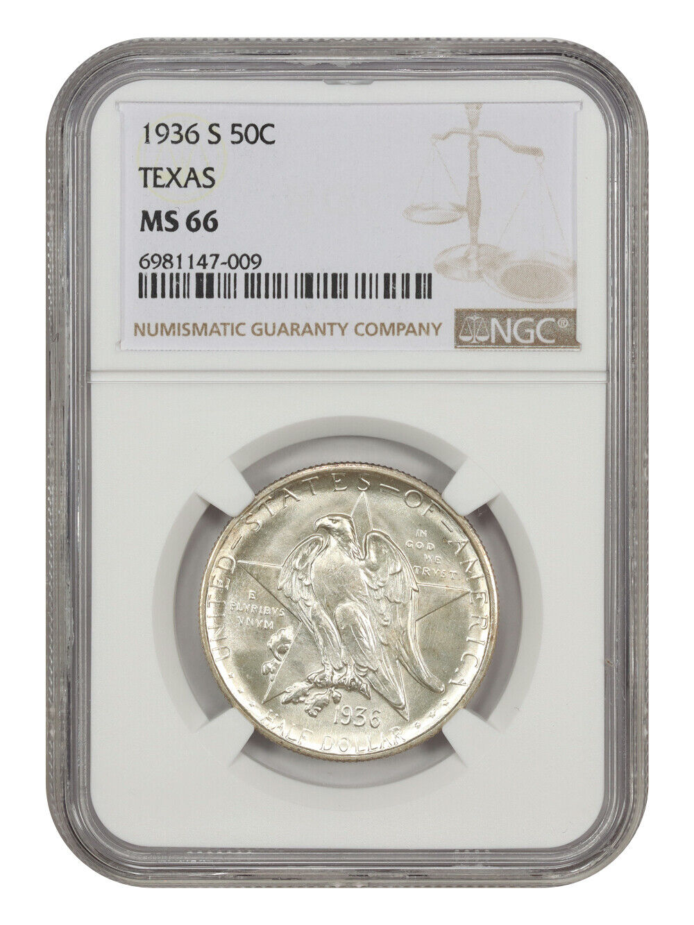 1936-S 50C Texas NGC MS66 - Classic Silver Commemorative - Low Mintage Issue