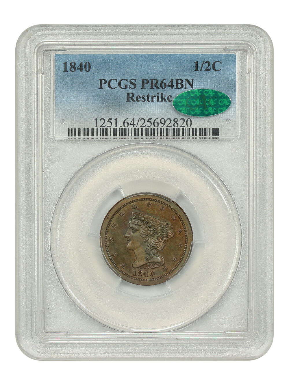 1840 1/2C PCGS/CAC PR64BN (Restrike) - Braided Hair Half Cent