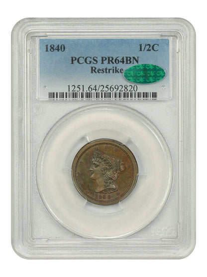 1840 1/2C PCGS/CAC PR64BN (Restrike) - Braided Hair Half Cent