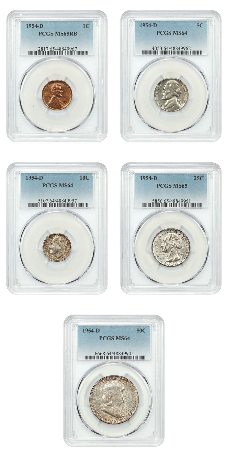 Mint Set: 1954-D 1C-50C PCGS MS64-65 (5 Coins)