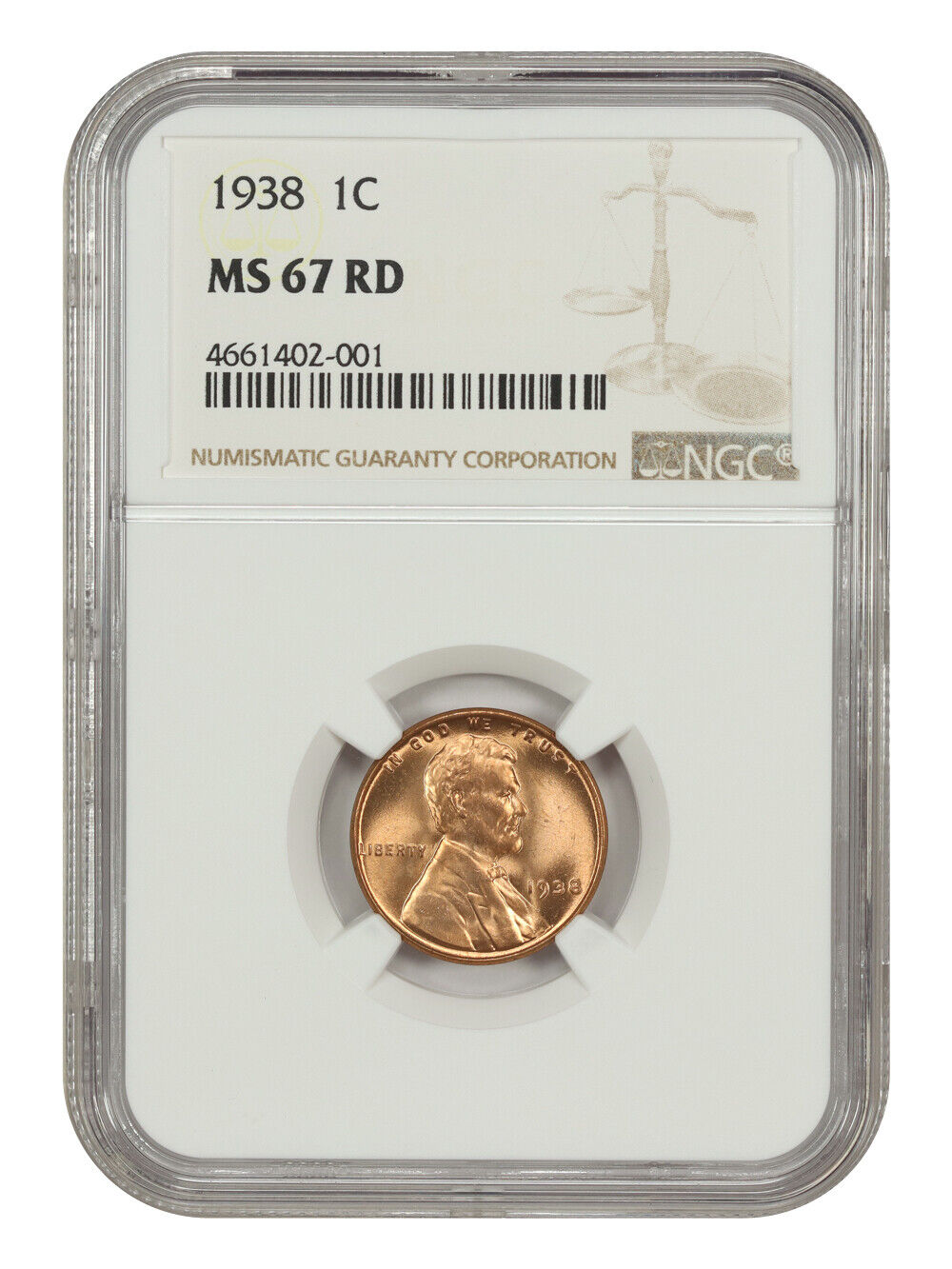 1938 1C NGC MS67RD - Lincoln Cent (Wheat Reverse)