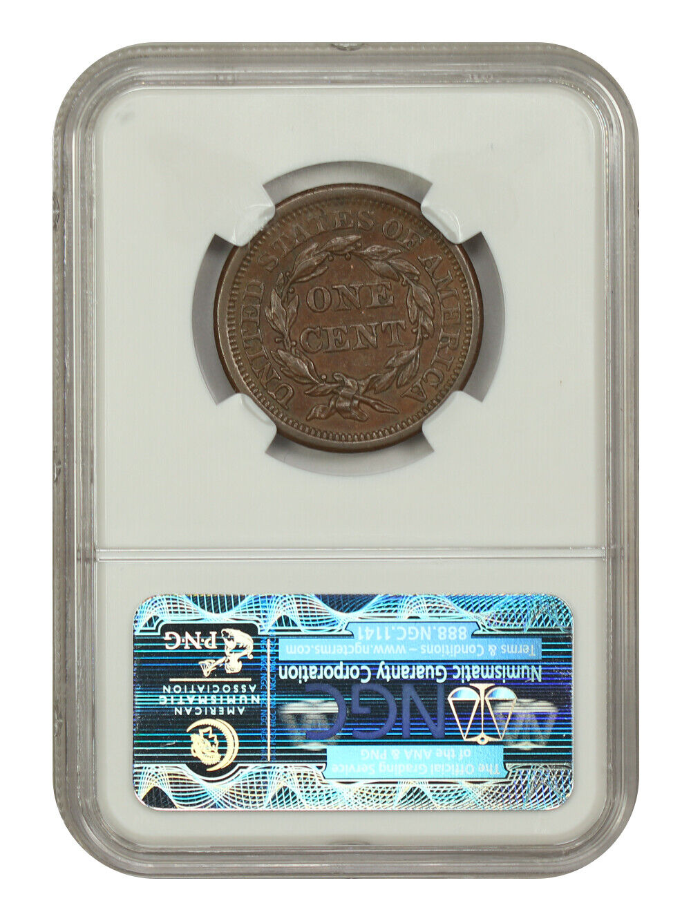 1855 1C NGC AU58 (N-6, Upright 55) - Braided Hair Cent