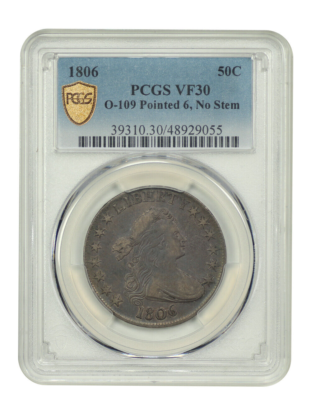 1806 50C PCGS VF30 (O-109, Pointed 6, No Stem) - Draped Bust Half Dollar