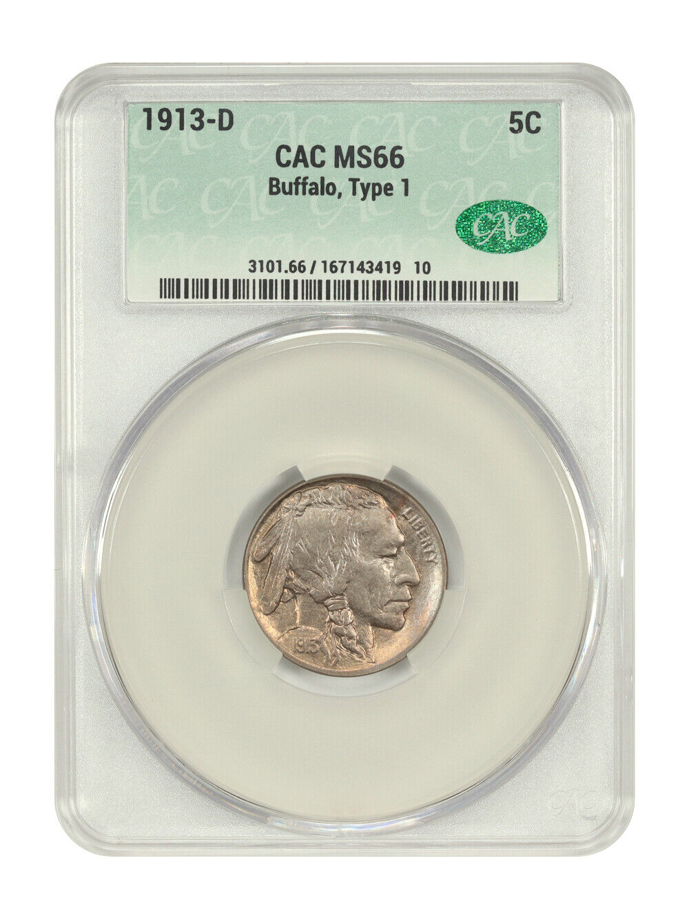 1913-D 5C CACG MS66 (Type 1) - Buffalo Nickel - Highly Lustrous