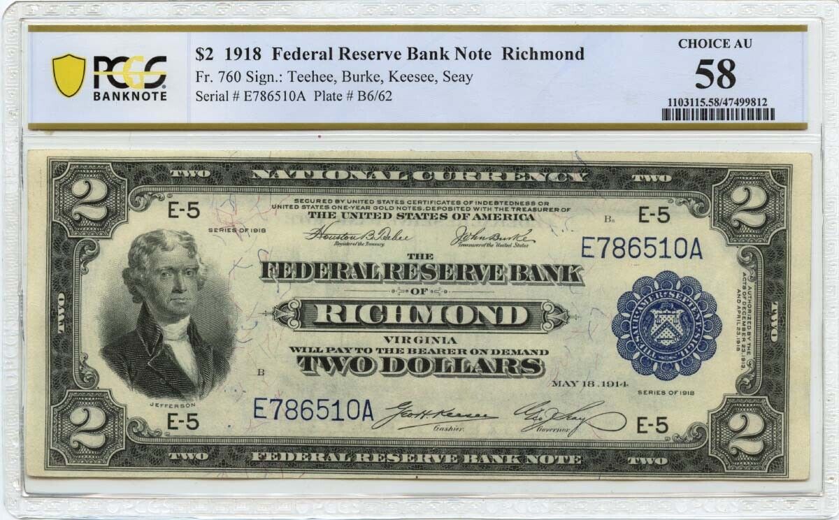 1918 $2 Federal Reserve Bank Note Richmond VA PCGS AU58