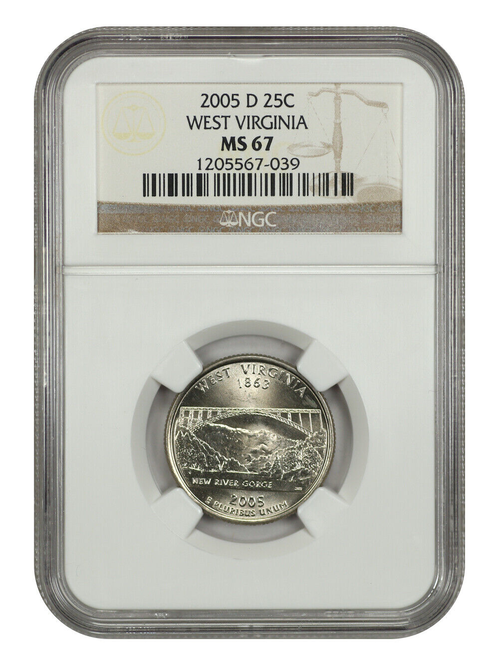 2005-D 25C West Virginia NGC MS67 - Washington 50 States Quarters