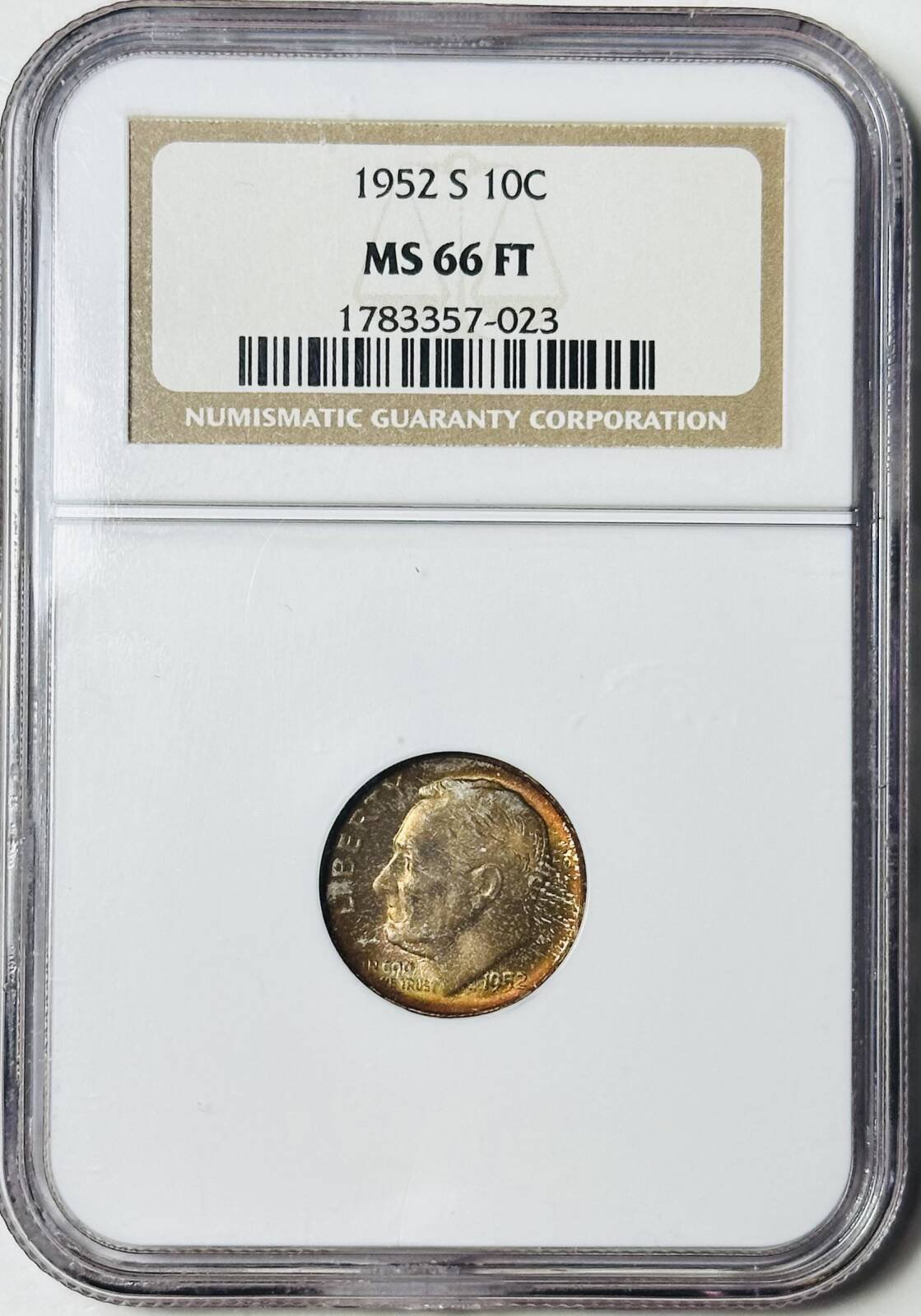 1952 S Dimes Roosevelt NGC MS-66 FT PRETTY COLOR!