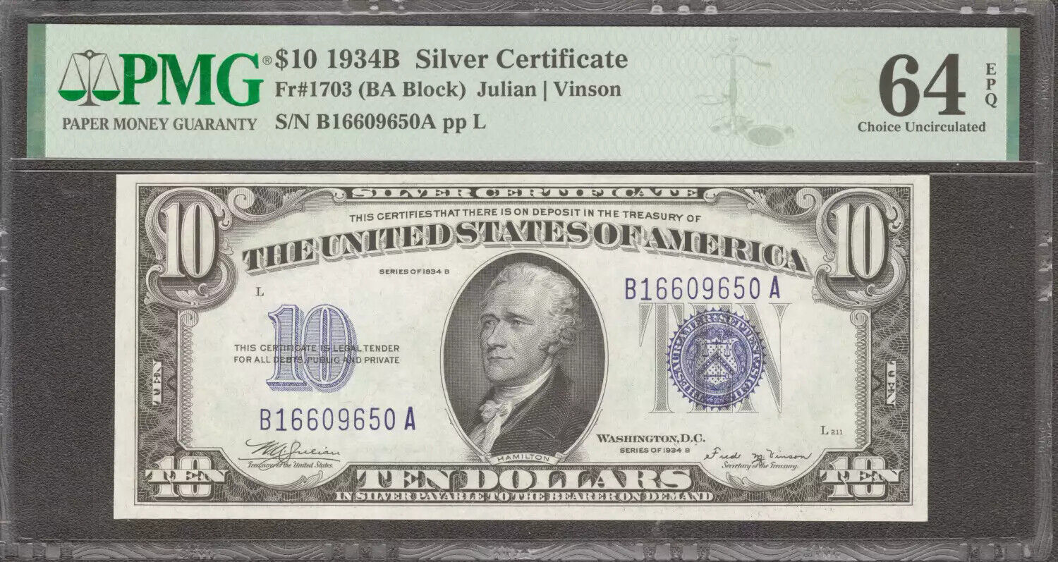 1934 B $10 SILVER CERTIFICATE FR.1703 JULIAN VINSON PMG CHOICE UNC 64 EPQ (650A)