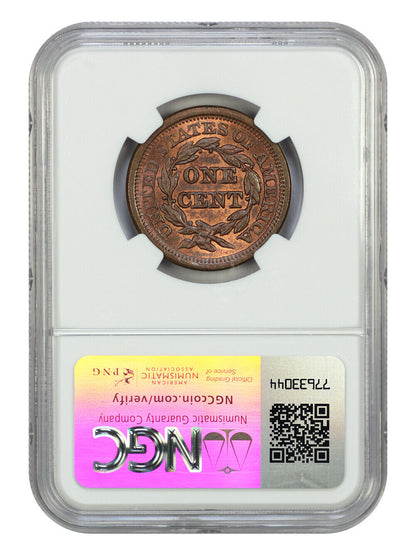 1855 1C NGC MS65RB (Upright 55) - Braided Hair Cent