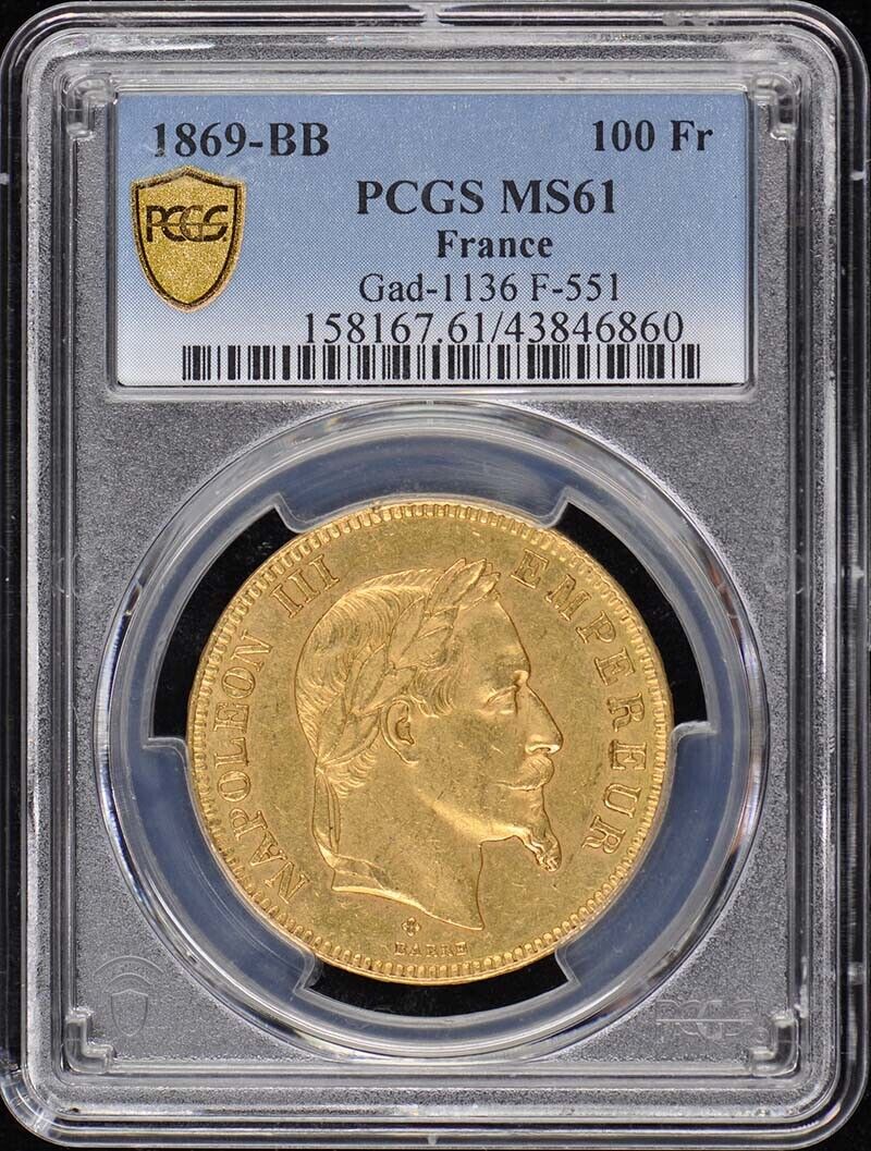 1869-BB 100 Fr France Napoleon PCGS MS61 Gad-1136 F-551