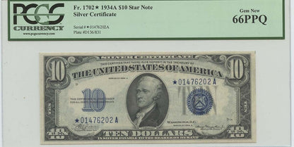 1934A $10 Silver Certificate Star FR#1702* PCGS 66PPQ Gem New Top Pop