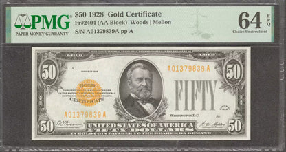 1928 $50 GOLD CERTIFICATE FR.2404 WOODS MELLON PMG CHOICE UNC 64 EPQ (839A)