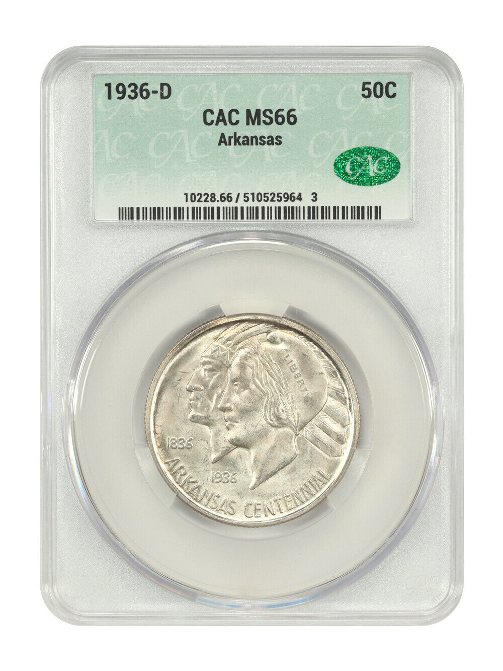 1936-D 50C Arkansas CACG MS66 - Classic Silver Commemorative - Low Mintage Issue