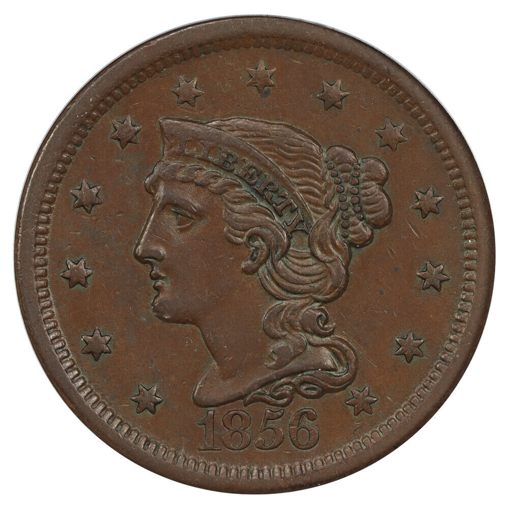 1856 1C PCGS AU58 (Slanted 5) - Braided Hair Cent