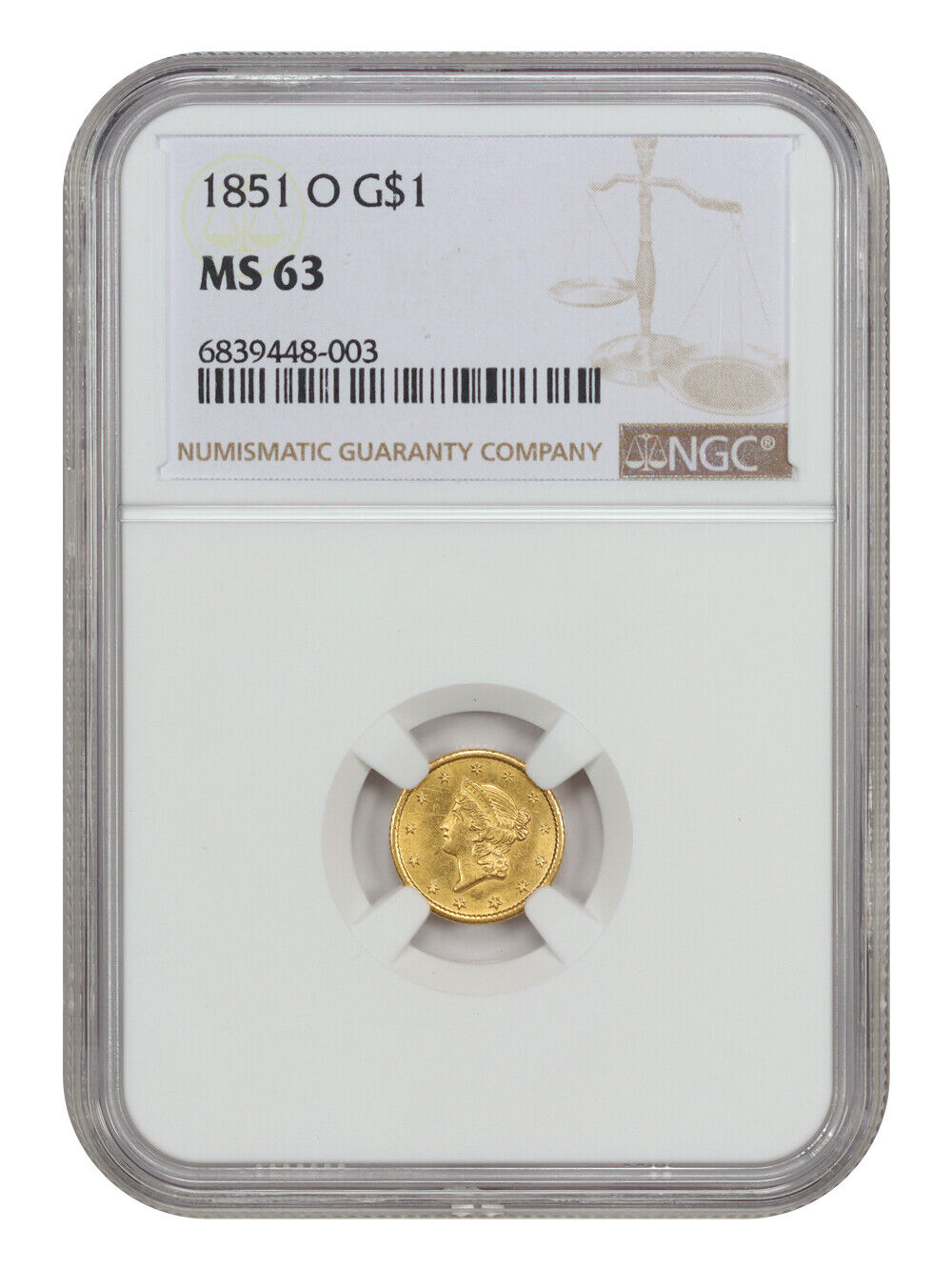 1851-O G$1 NGC MS63 - Gold Dollar - Popular New Orleans Gold Dollar