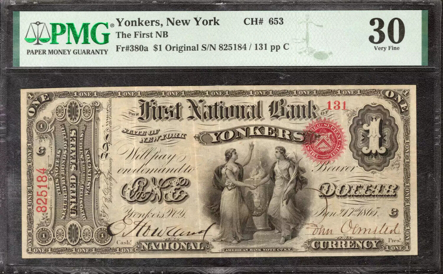 1865 $1 ORIGINAL SERIES FIRST NATIONAL BANKNOTE YONKERS NEW YORK PMG VF 30