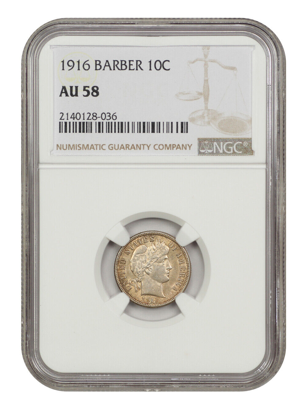 1916 10c Barber NGC AU58 - Barber Dime - Lustrous Slider