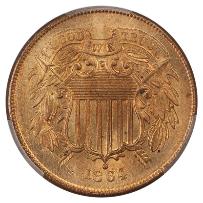 1864 2C PCGS MS66RD (Large Motto) - Two Cent - First Year of Issue