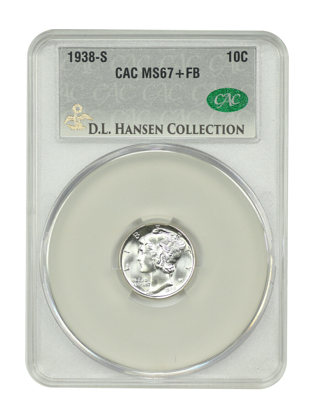 1938-S 10C CACG MS67+FB ex: D.L. Hansen - Mercury Dime