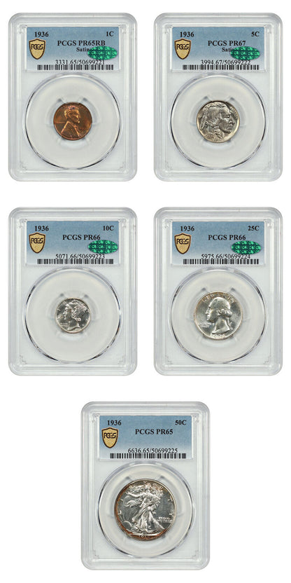 1936 1C-50C Proof Set PCGS/CAC PR65-67 (5 Coins) - Proof Sets