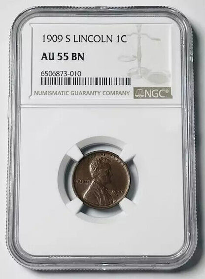 1909 S Small Cents Lincoln Penny NGC AU-55 BN