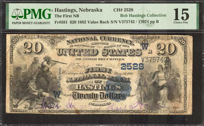 1882 $20 FIRST NATIONAL BANKNOTE CURRENCY HASTINGS NEBRASKA PMG 15 CH FINE (067)