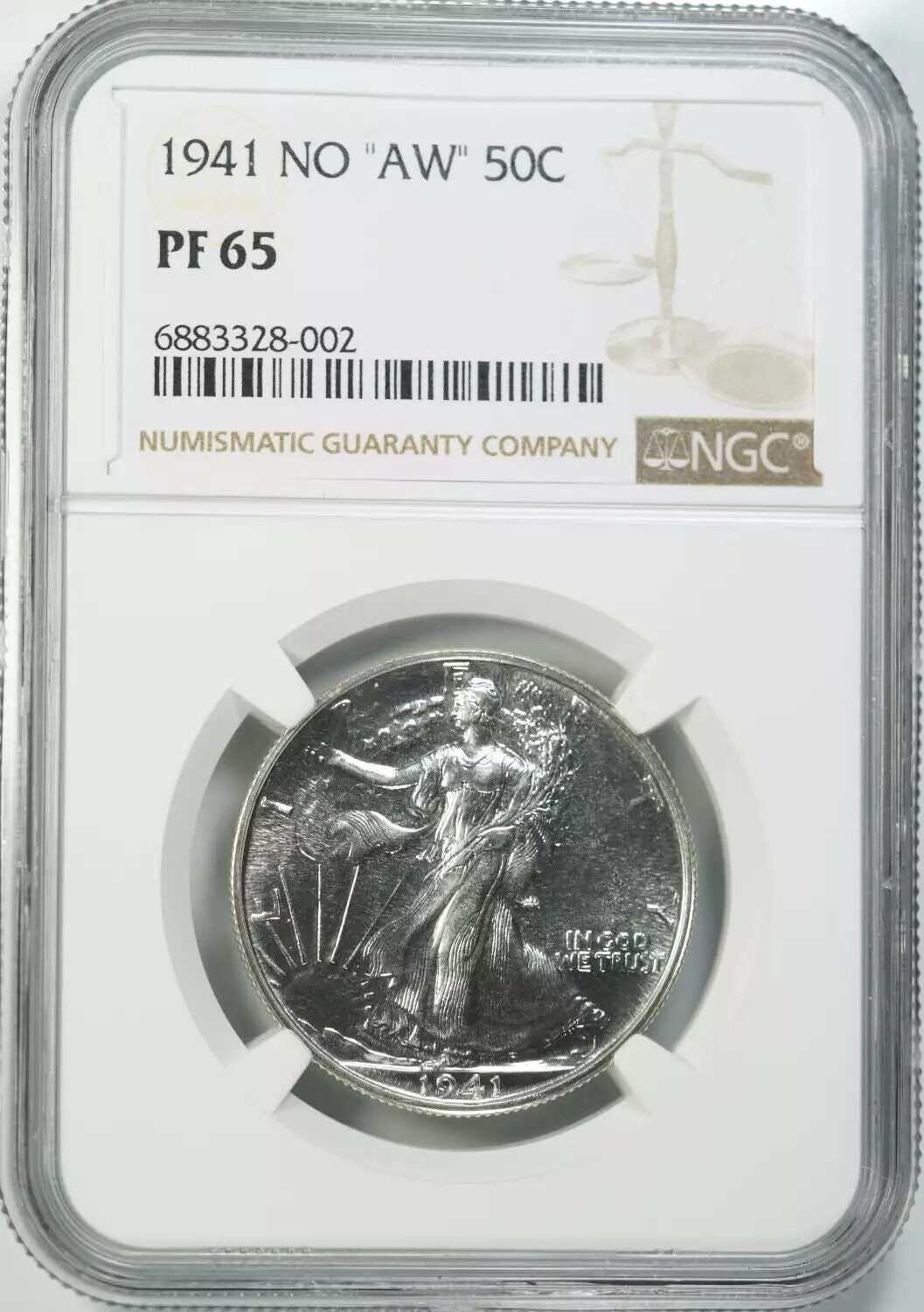 1941 PROOF WALKING LIBERTY HALF DOLLAR 50C NGC CERTIFIED PF 65 NO 'AW' (002)