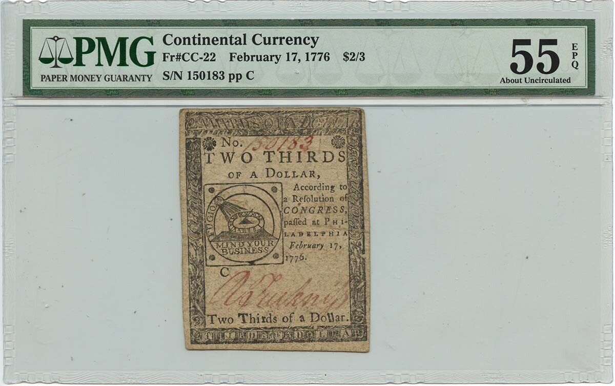 1776 February 17 $2/3 Continental Currency Fugio CC-22 PMG AU55 EPQ