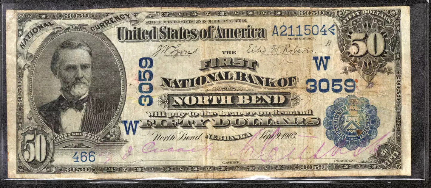 1902 $50 FIRST NATIONAL BANKNOTE CURRENCY NORTH BEND NEBRASKA FR.667 (466)