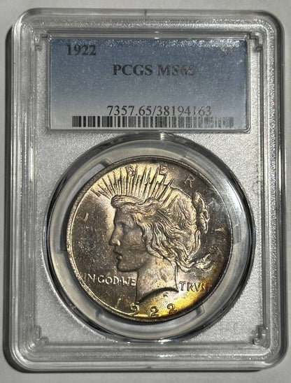 1922 P Peace Dollar PCGS MS-65 - SKITTLES of COLORS!