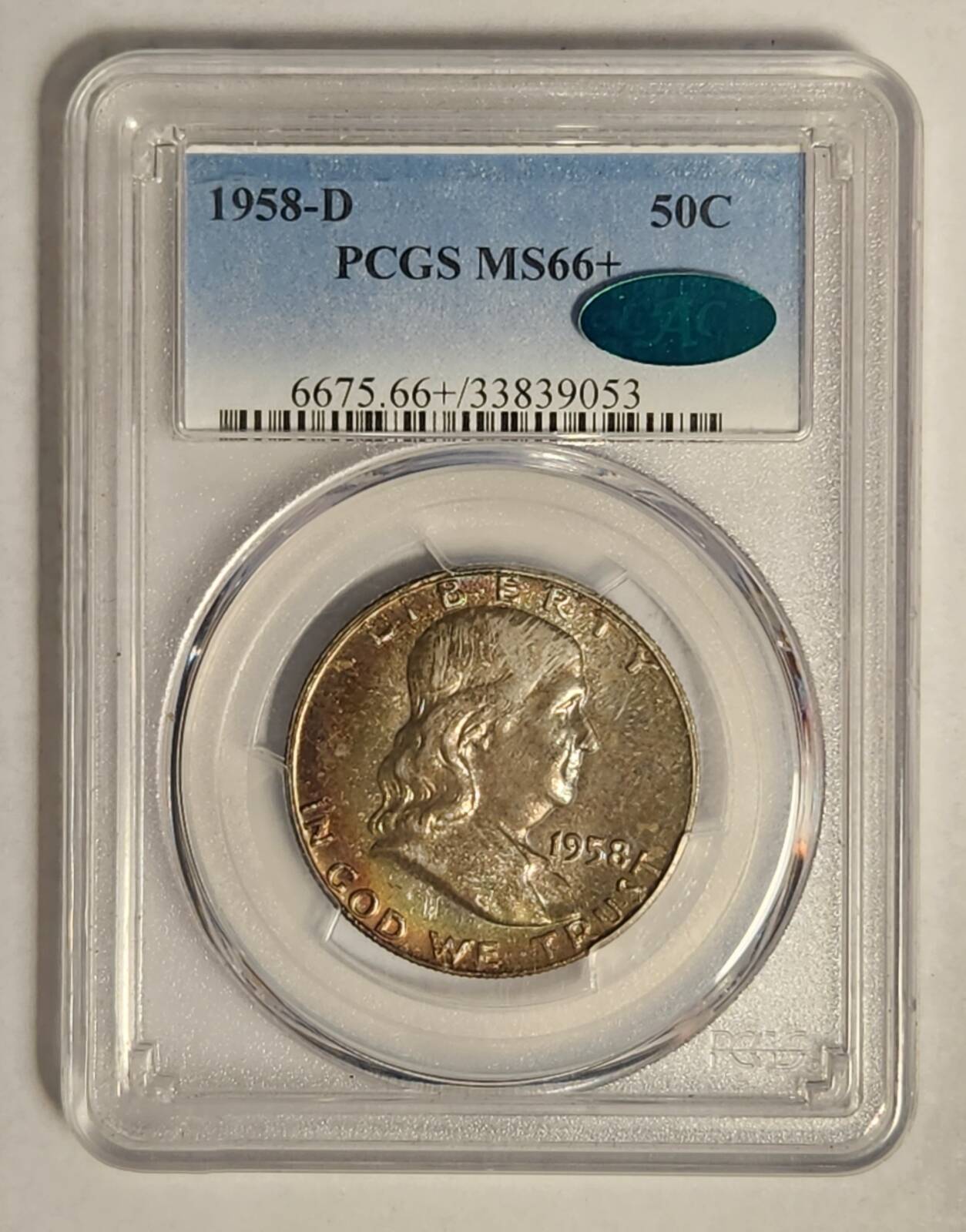 1958 D Franklin Half Dollar PCGS MS-66+ CAC - RAINBOW!