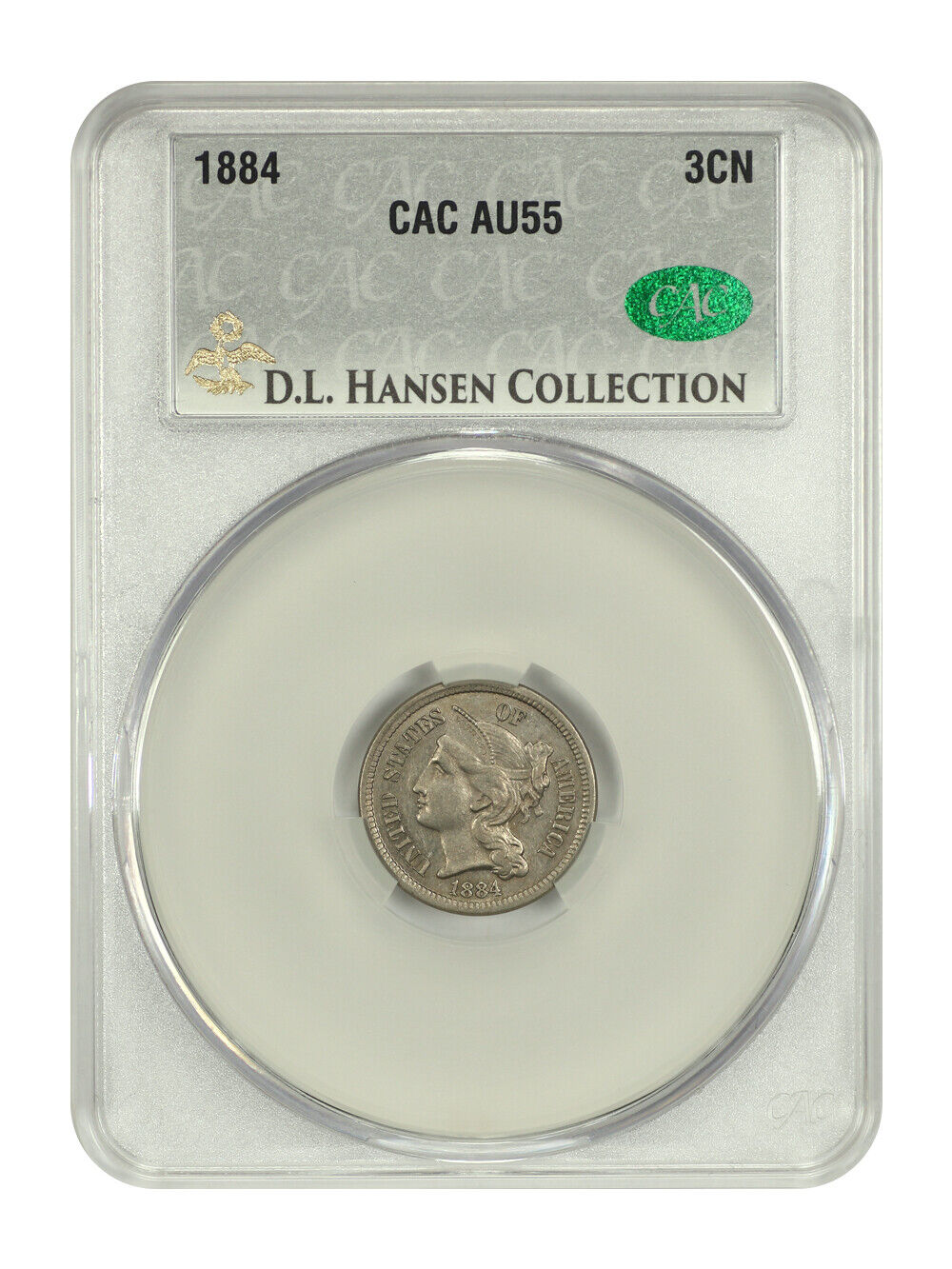 1884 3CN CACG AU55 ex: D.L. Hansen - Three Cent Nickel