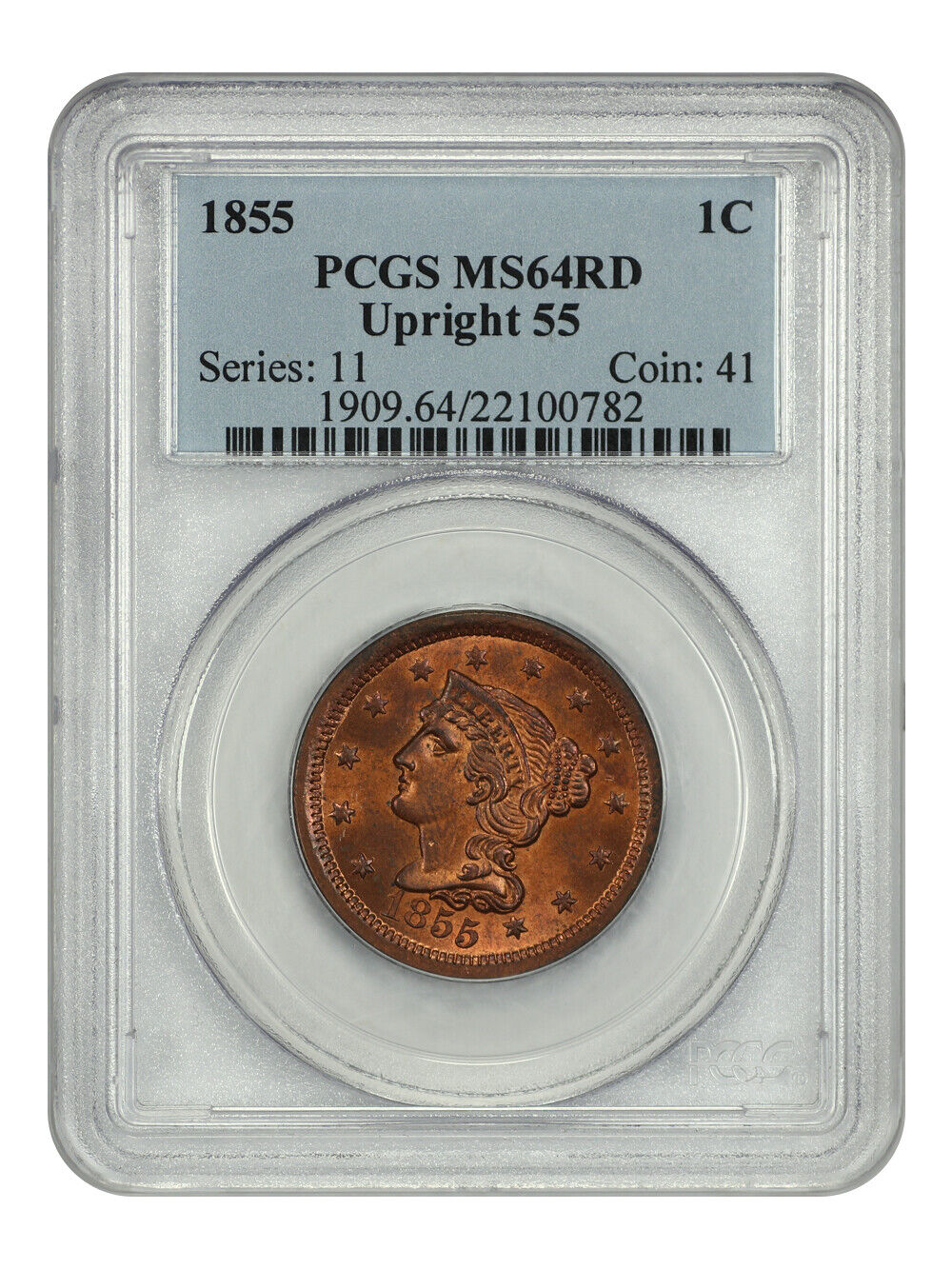 1855 1C PCGS MS64RD (Upright 55) - Braided Hair Cent